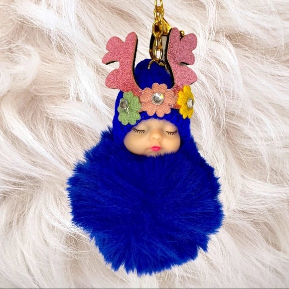 SLEEPY BABY BIG POMPON IN ROYAL BLUE CHARM KEYCHAIN - Picture 1 of 5